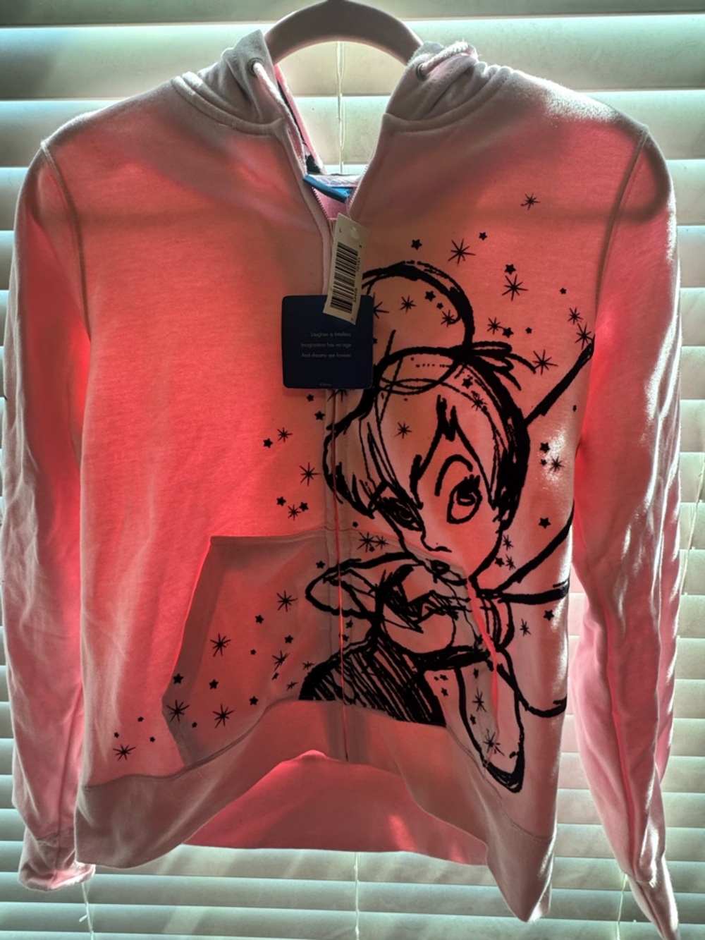Kid size L Disney Pink Tinker Bell Zip Hoodie with Black Graphic adult size XS-S